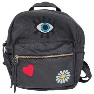 Black Faux Vegan Leather Backpack Applique Heart Lips‎ Eye Flower Kidcore Funky